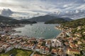 Aerial view of a bay with sailing boats at sunset Royalty Free Stock Photo