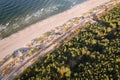 Aerial View of a Beach with Boardwalk and Forest Royalty Free Stock Photo