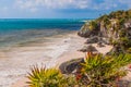 Aerial view of the beach and Caribbean sea in Tulum on a Sunny day, Yucatan, Mexico, Riviera Maya Royalty Free Stock Photo