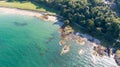 Aerial view on beach and coast of see in Helen\'s Bay, Northern Ireland. Drone shot sunny day