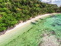 Aerial view of the beach with fishing boats. Elnido, Philippines, 2018