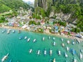 Aerial view of the beach with fishing boats. Elnido, Philippines, 2018