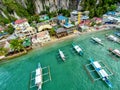 Aerial view of the beach with fishing boats. Elnido, Philippines, 2018