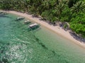 Aerial view of the beach with fishing boats. Elnido, Philippines, 2018