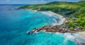 Aerial view of Beach Grand Anse, La Digue, Seychellen Royalty Free Stock Photo