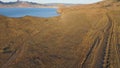 Aerial view on the beach of Sudak in Crimea, Black Sea coast. Shot. The Crimean coast from above. Beautiful Crimean Royalty Free Stock Photo