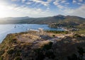 Aerial view of the beach and Temple of Poseidon at Cape Sounion, Greece