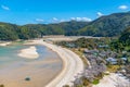 Aerial view of beach at Torrent bay at Abel Tasman national park in New Zealand Royalty Free Stock Photo