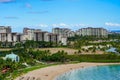 Aerial view of a beach and the vast expanse of the ocean with palm trees at the shore