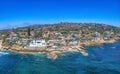 Aerial view of beachfront mansions in La Jolla, California