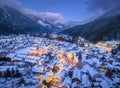 Aerial view of beautiful alpine village at cold winter night Royalty Free Stock Photo