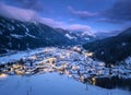 Aerial view of beautiful alpine village at cold winter night Royalty Free Stock Photo