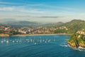 Aerial view of beautiful bay of San Sebastian or Donostia with yachts and beach La Concha at sunrise, Spain