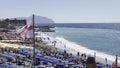 Aerial view of a beautiful beach with bathing establishments in Genova, Italy