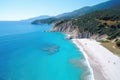 Aerial view of the beautiful beach in Kefalonia, Greece, Aerial flight with drone over famous beach of Kavalikefta on the island