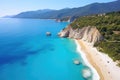 Aerial view of beautiful beach in Kefalonia, Greece, Aerial flight with drone over famous beach of Kavalikefta on the island of