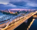 Aerial view of beautiful bridge at night in Kiev, Ukraine