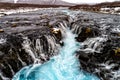 Aerial view of beautiful Bruarfoss waterfall with turquoise water, South Iceland