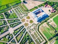 Aerial view of a beautiful castle and garden in Rundale, Latvia