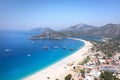 Aerial view of beautiful coasline with white sand and blue water close to Fethiye, Oludeniz