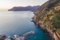 Aerial view of the beautiful coastline at sunset near Vernazza with Monterosso in background. facing the Tyrrhenian Sea, Cinque Royalty Free Stock Photo