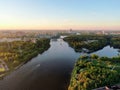 Aerial view beautiful colorful cityscape of Moscow at sunset.