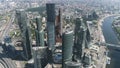 Aerial view of beautiful complex of modern glass office buildings, Moscow city, urban jungle concept. Action. Glass Royalty Free Stock Photo