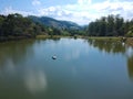 Aerial view of beautiful couple on the pedal boat on the lake in Brazil.