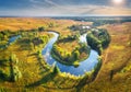 Aerial view of beautiful curving river at sunrise in summer