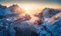 Aerial view of beautiful fjord at sunset in Lofoten Islands