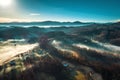 Aerial view of foggy sunrise in Bosnian countryside Royalty Free Stock Photo