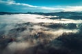 Aerial view of foggy sunrise in Bosnian countryside Royalty Free Stock Photo