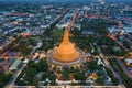 Aerial view of Beautiful Gloden pagoda at sunset. Phra Pathom Chedi temple in Nakhon Pathom Province Thailand