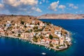 Aerial view of the beautiful greek island of Symi (Simi) with colourful houses and small boats. . Royalty Free Stock Photo