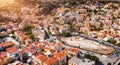 Aerial view of the beautiful greek island of Symi (Simi) with colourful houses and small boats. Royalty Free Stock Photo
