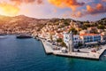 Aerial view of the beautiful greek island of Symi (Simi) with colourful houses and small boats. Royalty Free Stock Photo