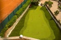 Aerial view of a beautiful green golf course. Low angle view Royalty Free Stock Photo