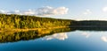 Aerial view of beautiful green waters of lake Gela. Birds eye view of scenic emerald lake surrounded by pine forests. Clouds Royalty Free Stock Photo