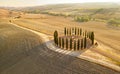 Aerial view of the beautiful hills of the Val d`Orcia in Tuscany with the cypress circle shape grove near Montalcino, Italy, hill Royalty Free Stock Photo