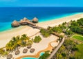 Aerial view of beautiful hotel on the sea. Sandy beach Royalty Free Stock Photo