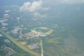 Aerial view of beautiful house, pond, forest and community in Florida