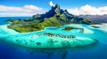 Aerial view of beautiful island with white sand and turquoise ocean. Bora Bora, French Polynesia, island of Mauritius in the India Royalty Free Stock Photo