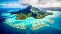 Aerial view of beautiful island with white sand and turquoise ocean. Bora Bora, French Polynesia, island of Mauritius in the India