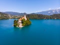 Aerial view of beautiful Lake Bled in the middle of the charming little island and the wonderful church at summer