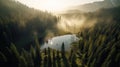 Aerial view of beautiful lake in the middle of foggy forest Royalty Free Stock Photo