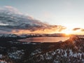 Aerial view of the beautiful Lake Tahoe captured on a snowy sunset in California, USA Royalty Free Stock Photo