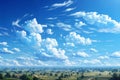 aerial view of beautiful landscape with blue sky, white cumulus clouds and plain with fields and trees for abstract Royalty Free Stock Photo