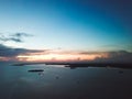 Aerial view of beautiful landscape near the island and sea gypsy water village with the water chalet stilt house during sunrise in