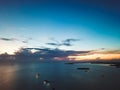 Aerial view of beautiful landscape near the island and sea gypsy water village with the water chalet stilt house during sunrise in