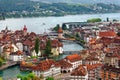 Aerial view of beautiful Lucerne City by lakeside with wooden Chapel Bridge Kapellbrucke Royalty Free Stock Photo